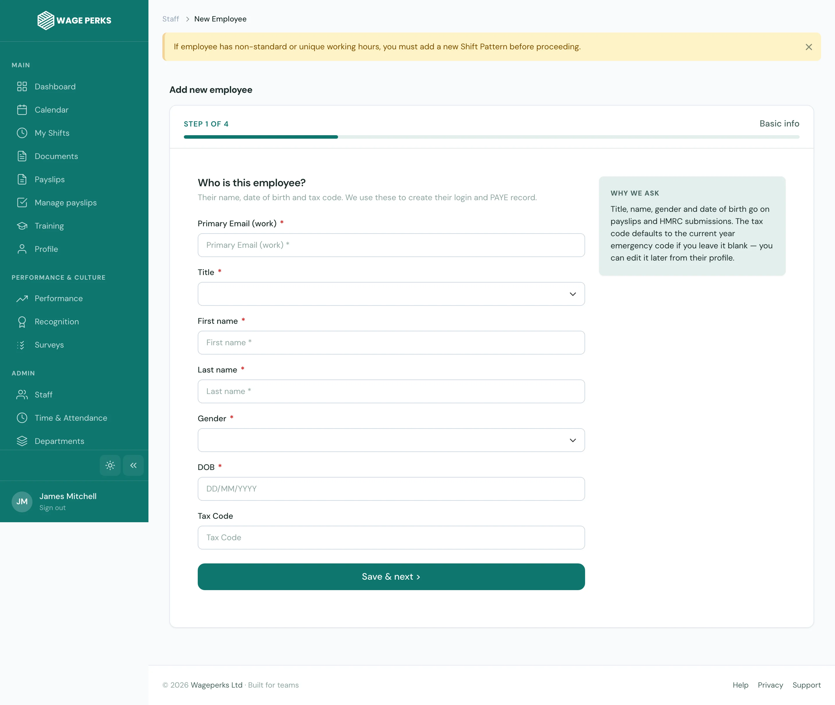 WagePerks add new employee — contract, working pattern, holiday entitlement, role and team captured on one screen