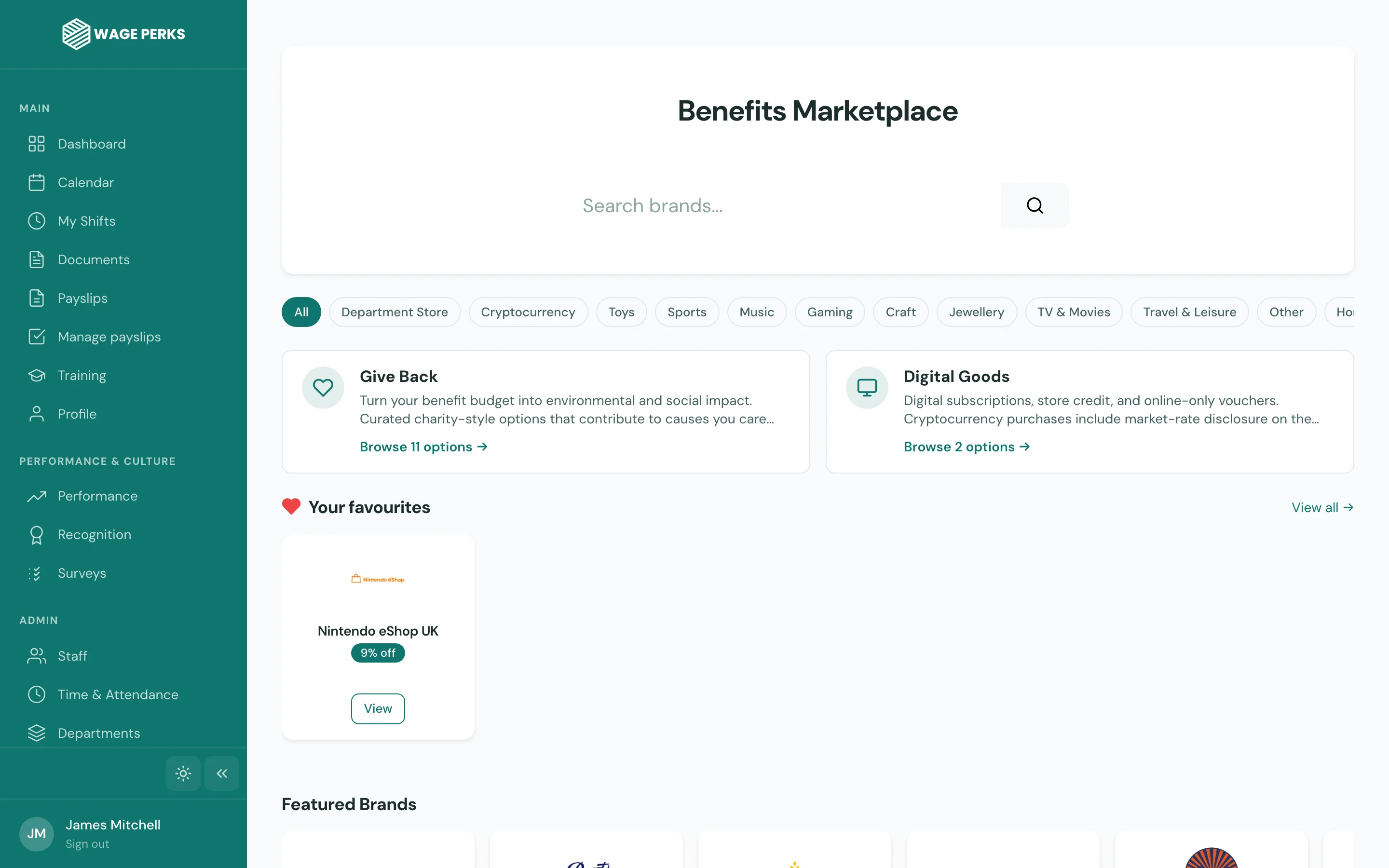 WagePerks benefits marketplace showing discounted gift cards and voucher codes from UK retailers