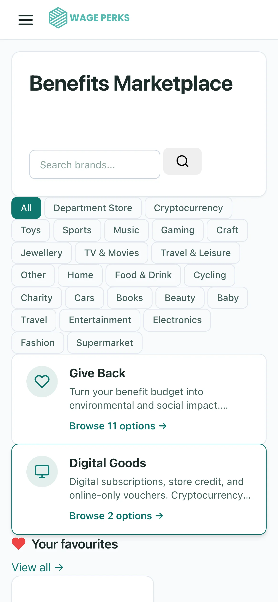 WagePerks marketplace on iPhone — discounted brand tiles with savings labels