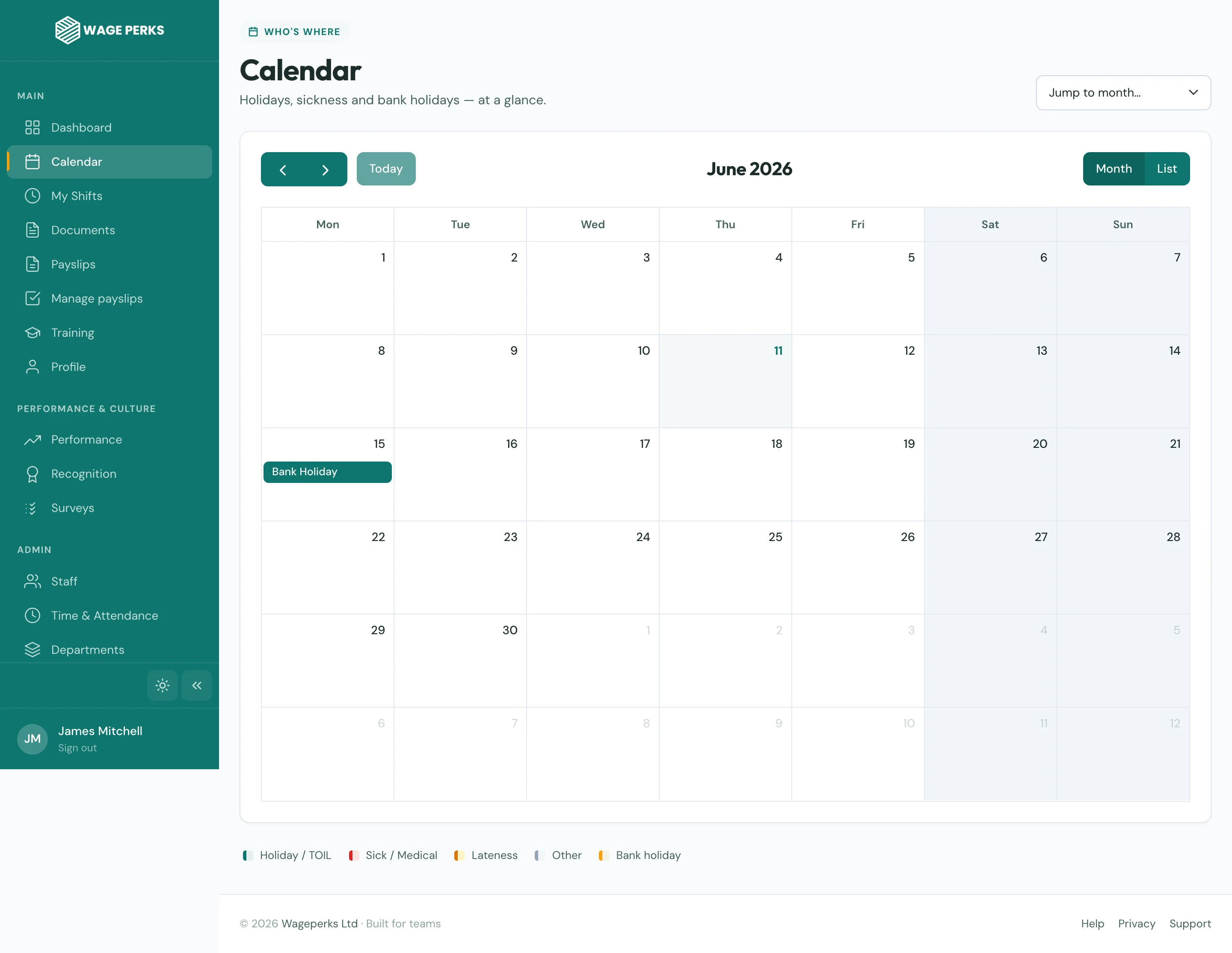 WagePerks calendar — book and track personal appointments alongside team schedule