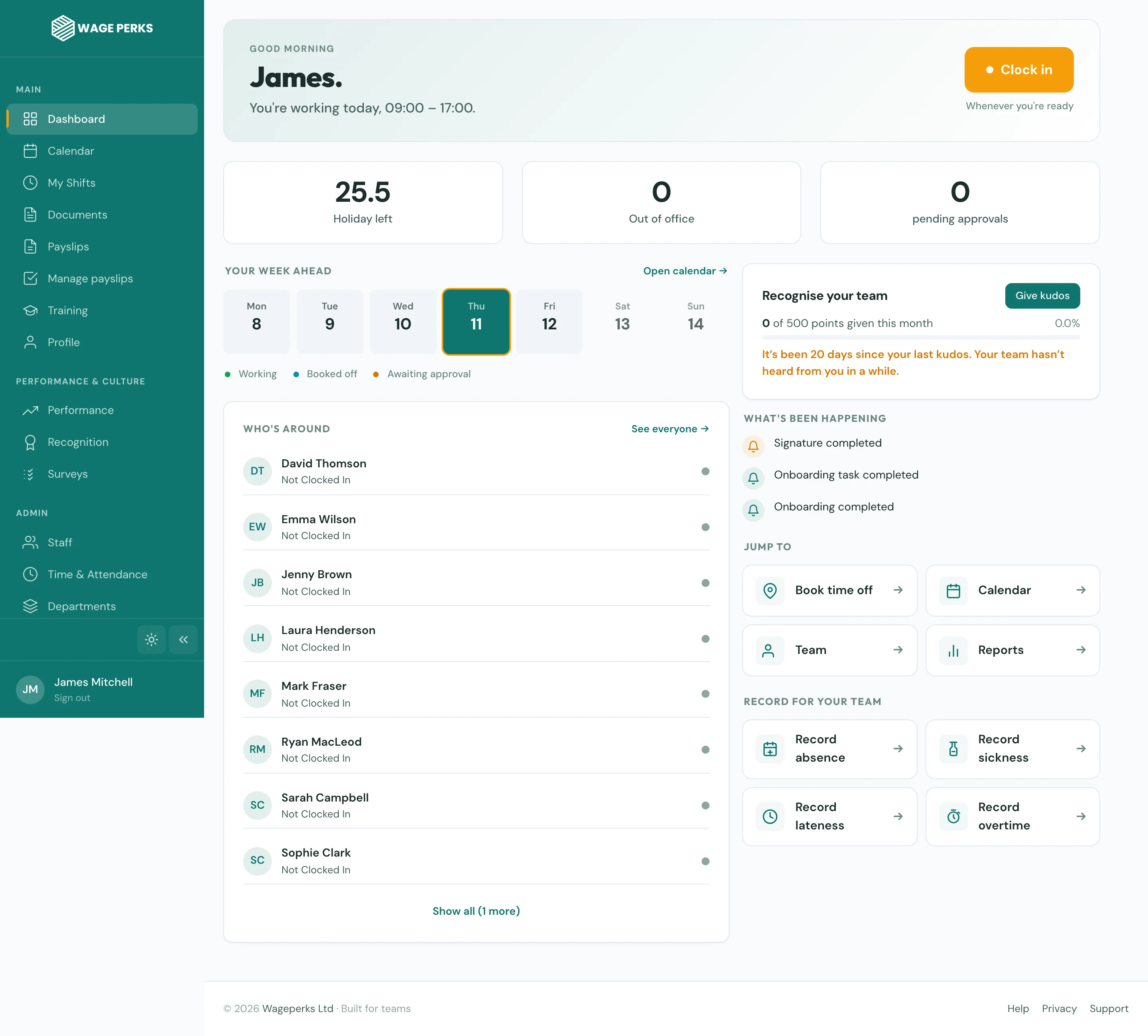 WagePerks admin desktop — Morning Briefing with team's shifts, leave and recognition