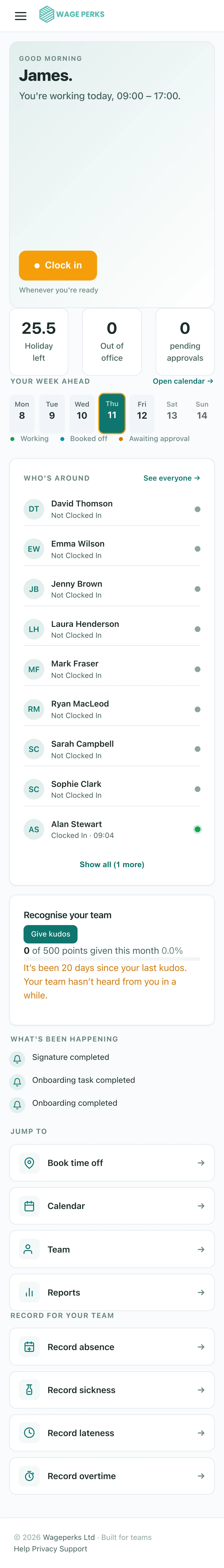 WagePerks employee home — GP service entry point alongside the rest of the day