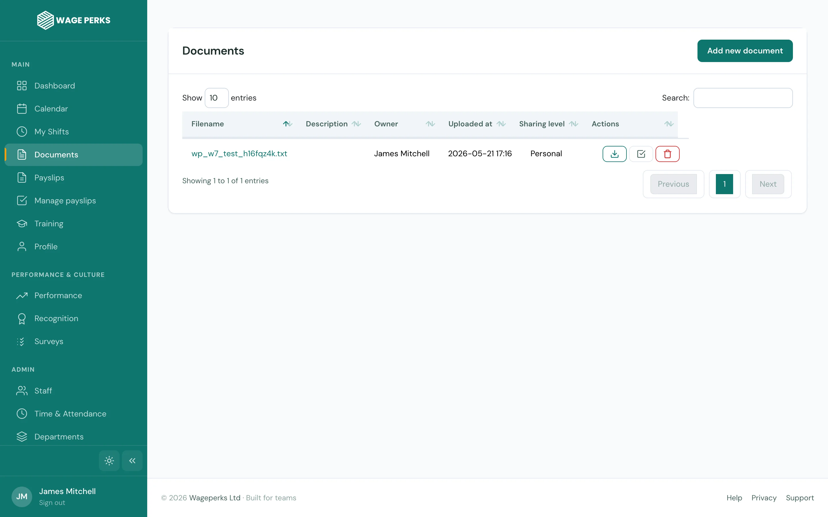 WagePerks documents library — distribute and re-send policies in a click