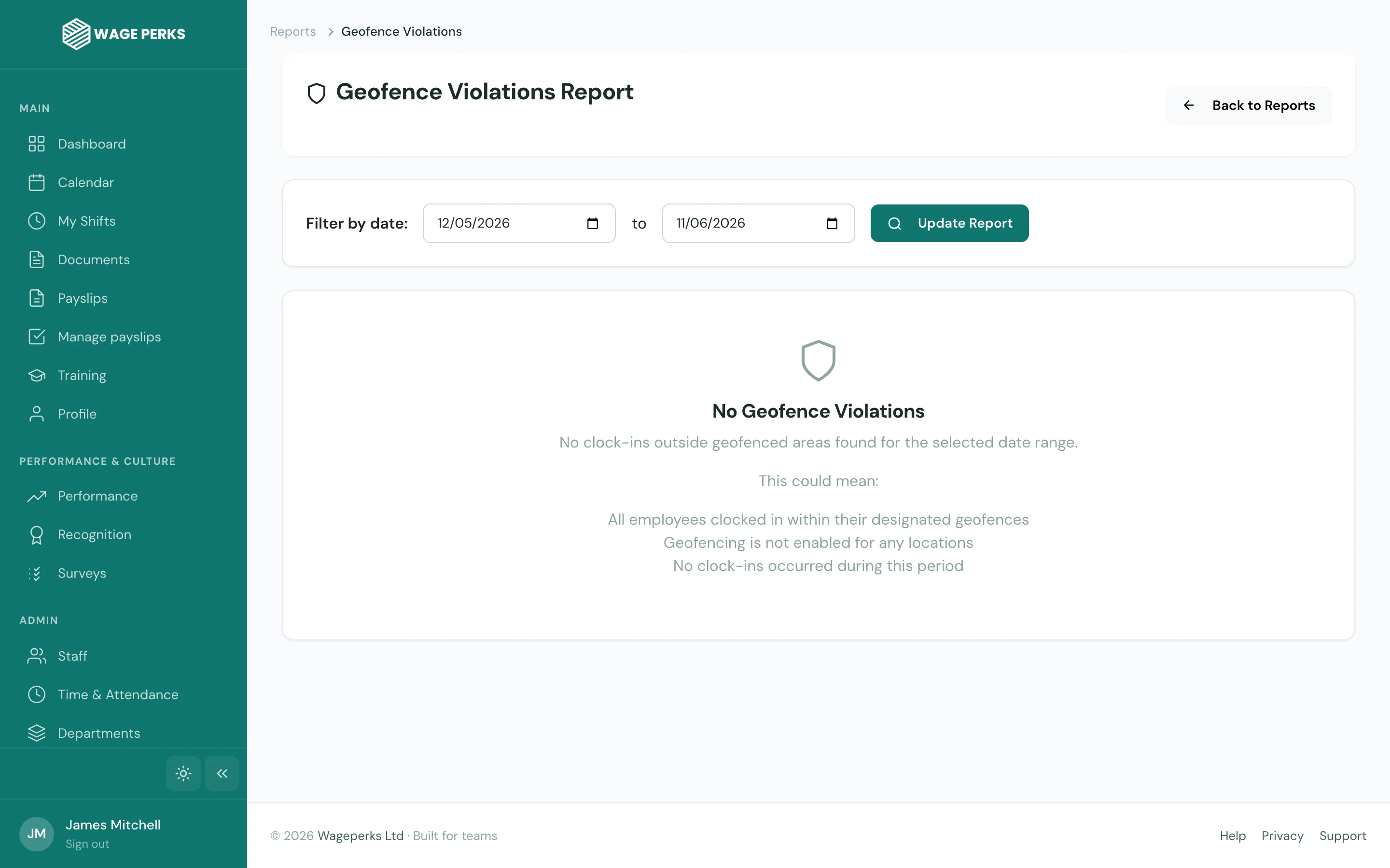WagePerks geofence-validated clock-in report