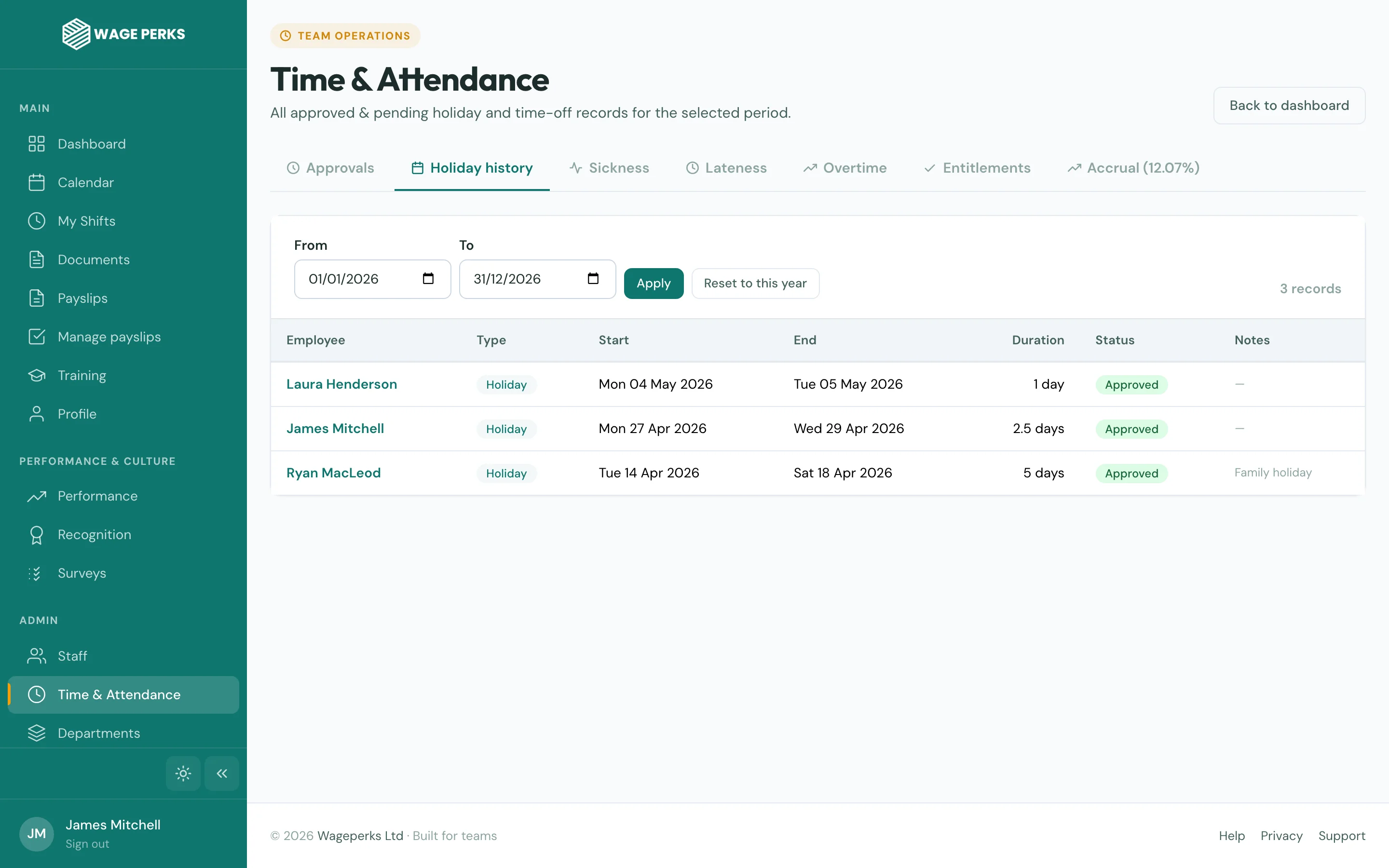 WagePerks holidays and time off list with approval state per request