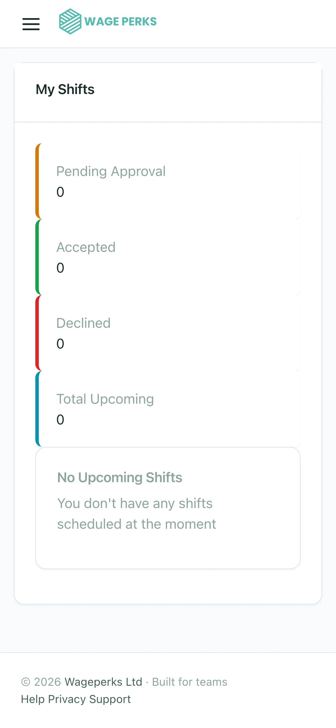 WagePerks mobile — employee 'My Shifts' view showing upcoming shifts with claim and accept actions