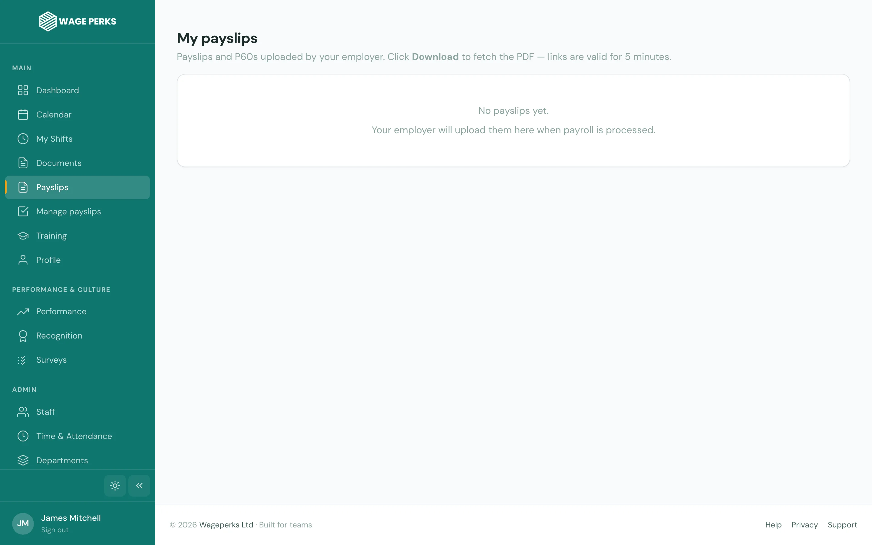 WagePerks 'My payslips' — employee self-serve list with payment date, period, gross/net and a download link per row