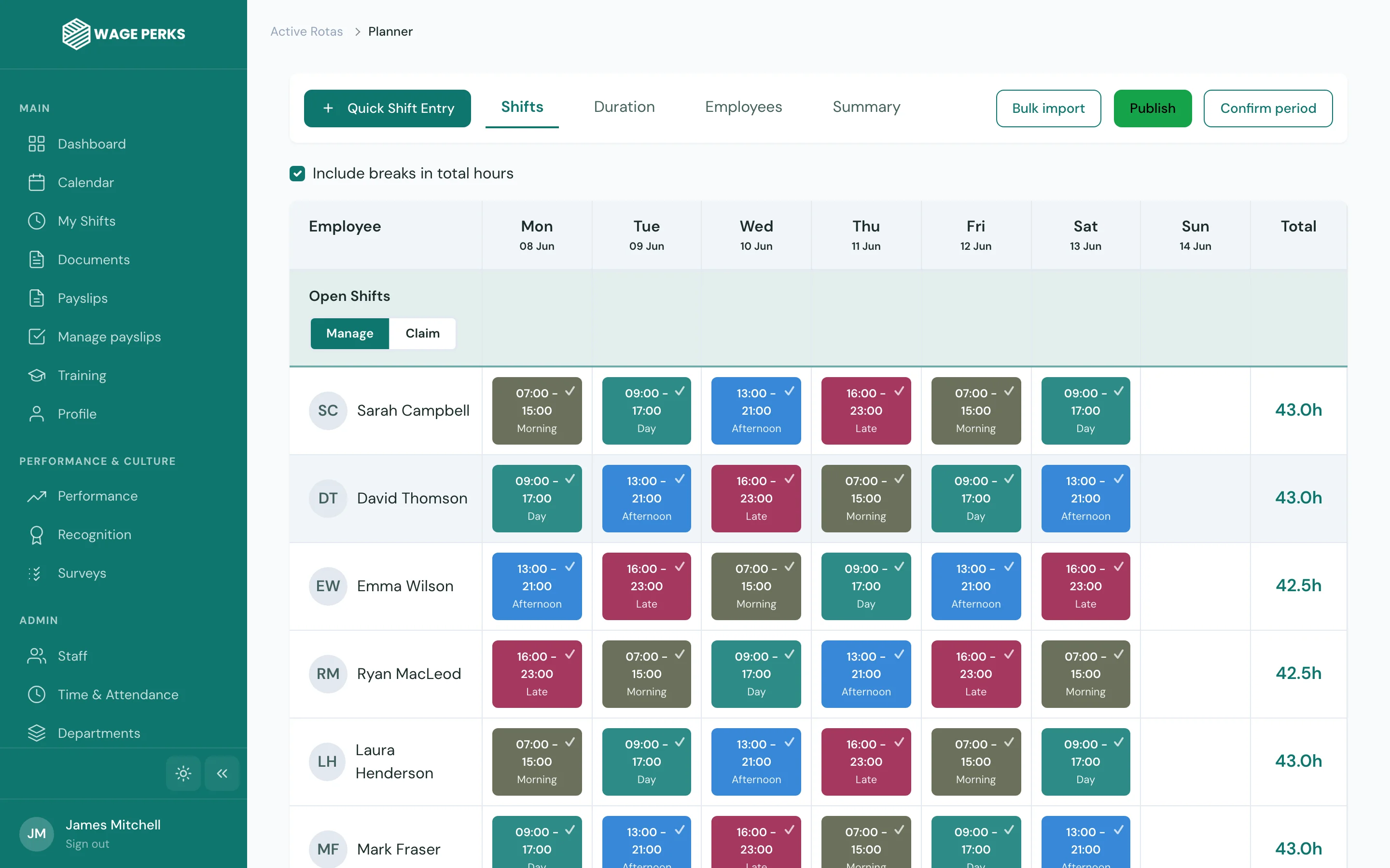 WagePerks rota planner — drag-and-drop weekly shifts with coloured badges and per-employee weekly totals