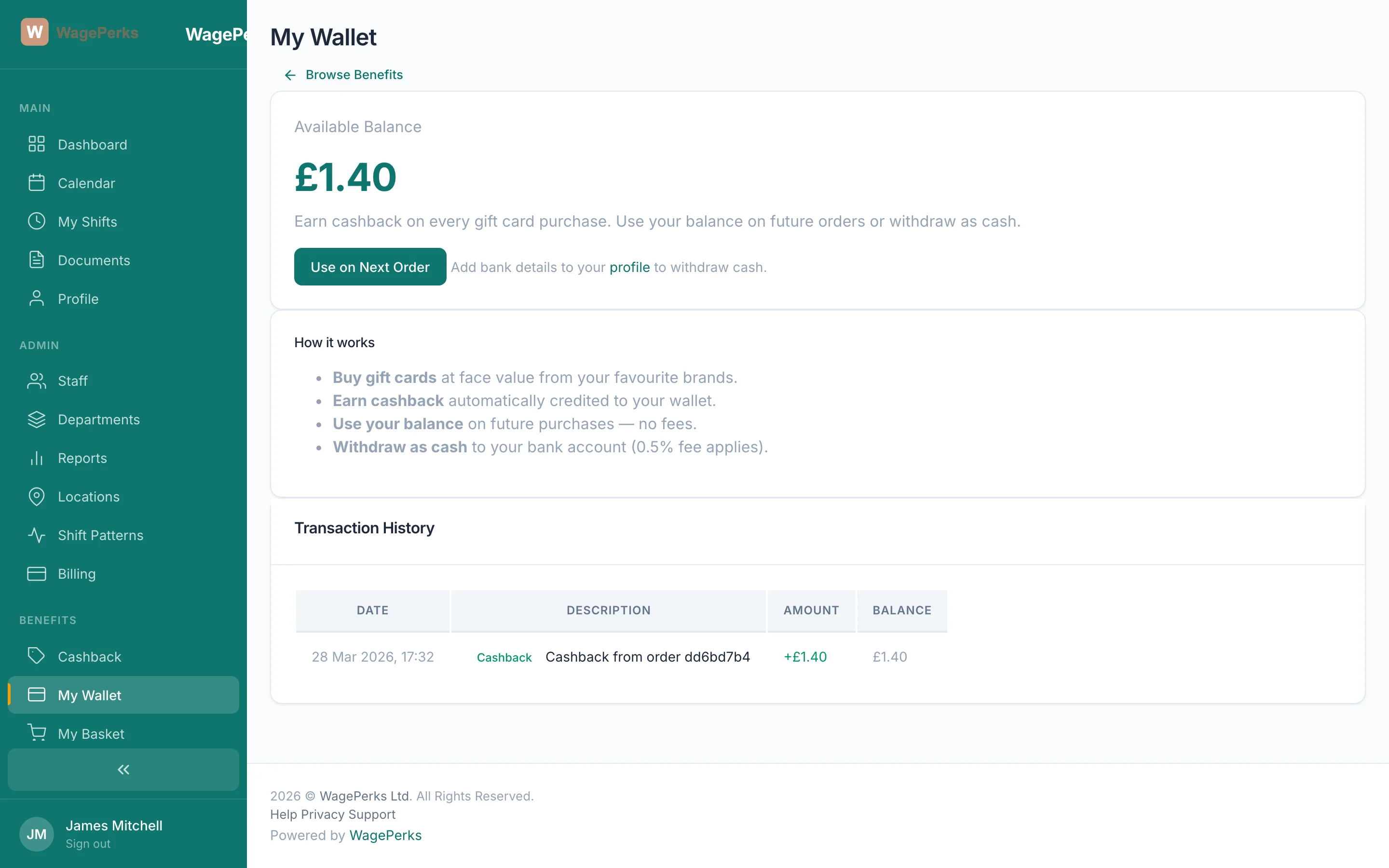 WagePerks employee dashboard showing benefits balance, GP booking, and counselling history